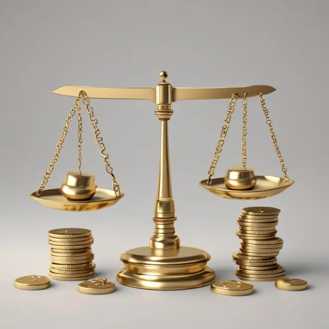 An ethical dilemma scales balances justice and profits as a gavel and gold coins teeter in the balance.