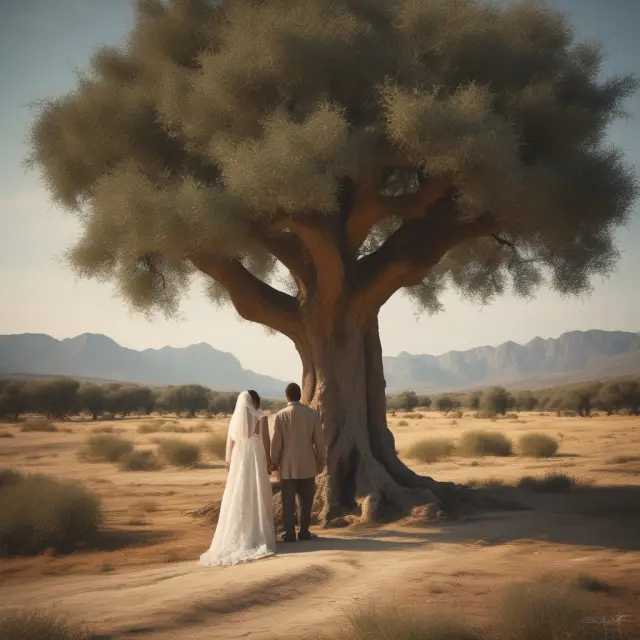 A religious couple ponders separation vs. reconciliation at the base of an ancient olive tree, symbolizing their marriage.