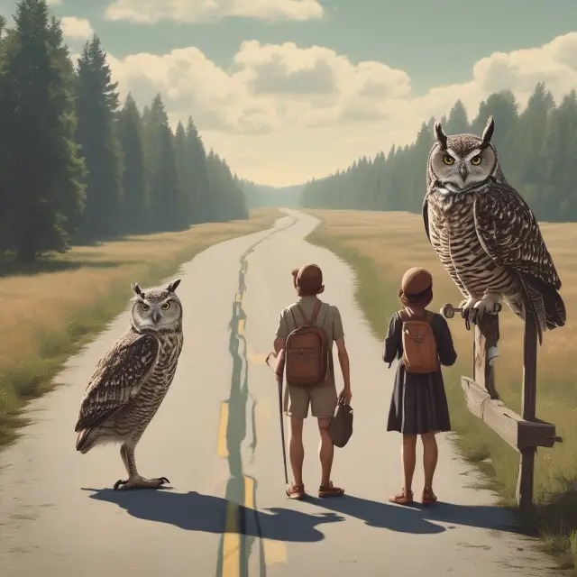 A man and woman at a crossroads pack documents and seek advice from a wise owl for their legal separation