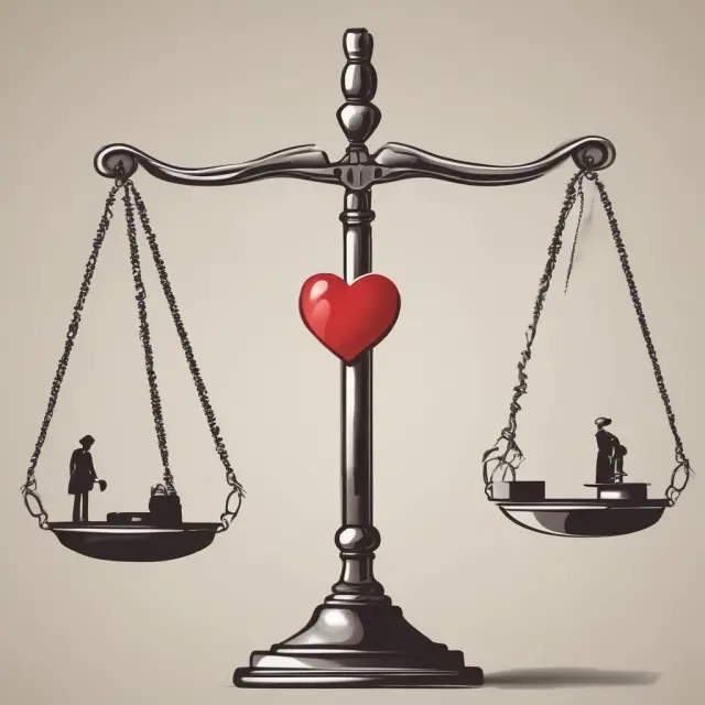 Couple and judge with legal separation agreement on a scale, ensuring fairness and balance