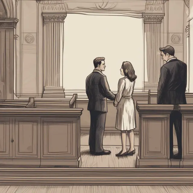 A married couple standing in front of a courthouse, contemplating their legal separation journey