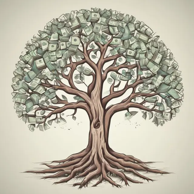 A tree symbolizing legal monopolies, with intertwined roots and branches illustrating their influence on finance and investment.