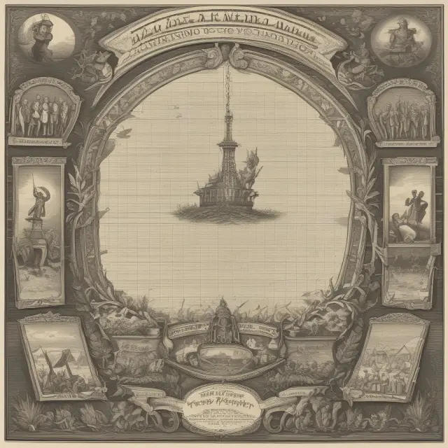 An intricate mosaic of various historical commodities, with legal monopolies symbolized by crowns.