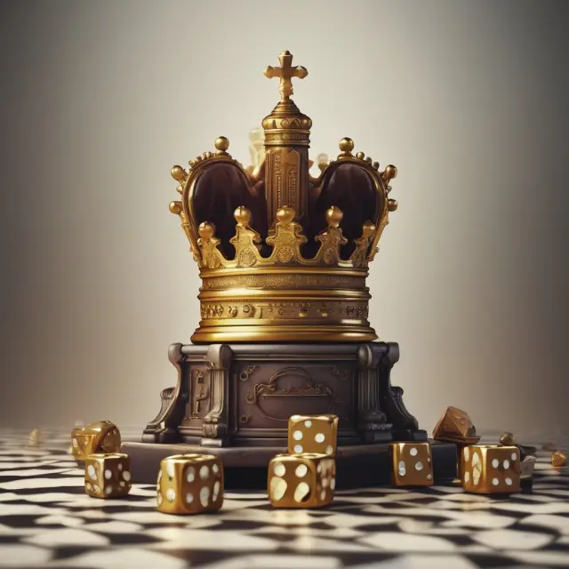 A regal crown protectively standing over a towering golden dice tower, representing the role of governments in controlling and generating revenue through legal monopolies in the gambling industry