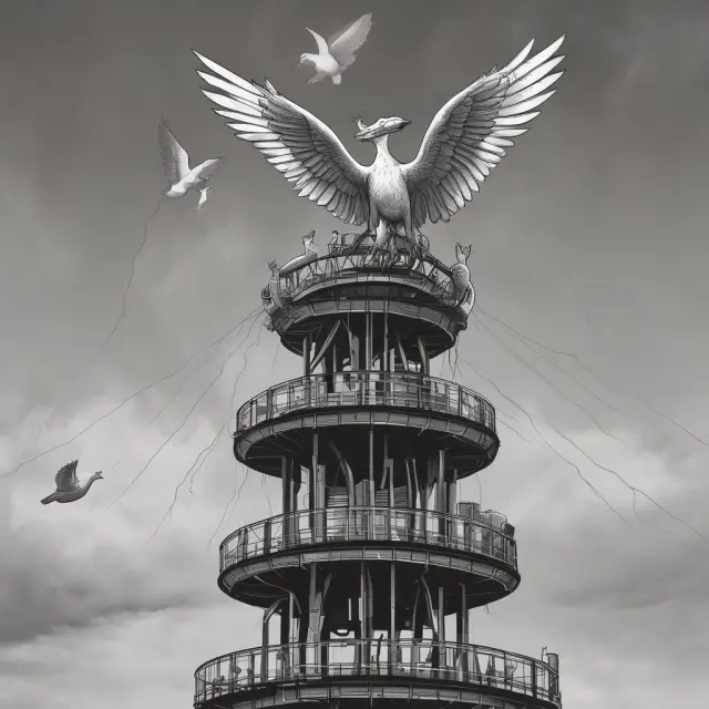 Marxist phoenix (exploitation) and neo-classical dove (public goods) debate on a towering telecom structure symbolizing the complex relationship between legal monopolies, capitalism, and economics