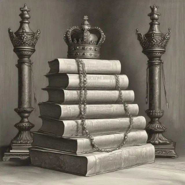 A golden crown atop a pile of legal contracts being protected by soldiers, representing the concept of legal monopolies