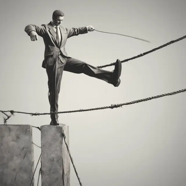 Tightrope walker symbolizing business navigating regulatory hurdles for customer service, with legislative risks in healthcare illustrated by Brazil and China as obstacles