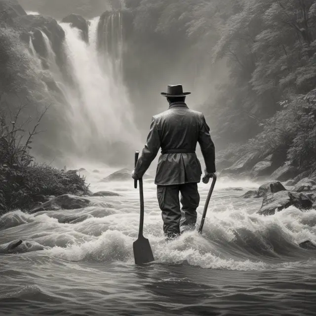 An investor collaborates with a politician on a rowboat, skillfully maneuvering through a rapids-filled regulatory river to minimize investment risks