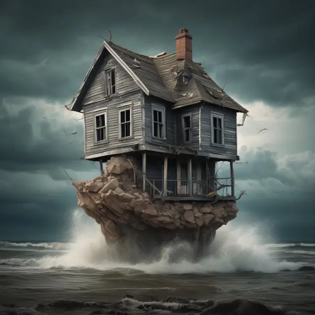 A house collapsing on unstable subprime mortgages amidst stormy financial seas, illustrating Lehman Brothers