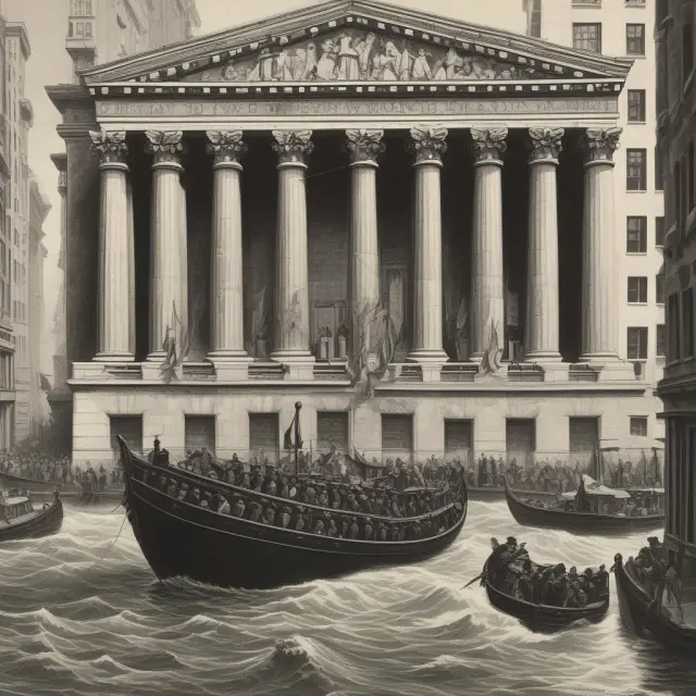 A wooden ship carrying Henry Lehman and his brothers navigating a sea of gold coins, representing Lehman Brothers