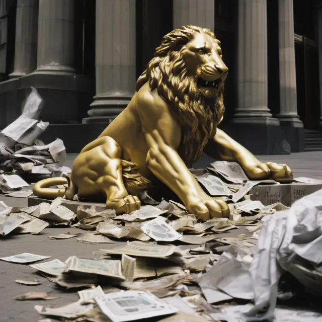 Golden lion statue representing Lehman Brothers collapsing under a heavy pile of subprime mortgage documents, symbolizing mismanagement and downfall.