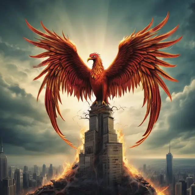 Image of a mythical phoenix emerging from chaotic financial waters, symbolizing Lehman Brothers