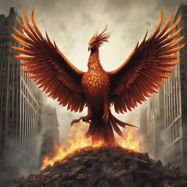 A mythical Phoenix emerging from the ruins of Lehman Brothers, representing financial regulation changes and corporate governance improvements