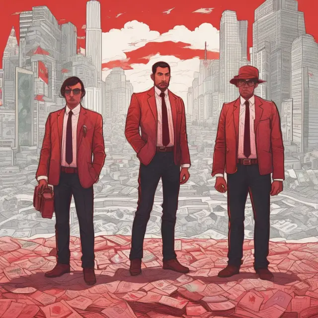 Three men building a business, with the image later dissolving into a chaotic scene of financial instability