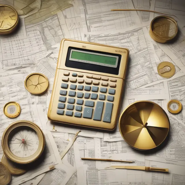 Golden calculator with balance sheets and pie charts representing Lehman Brothers