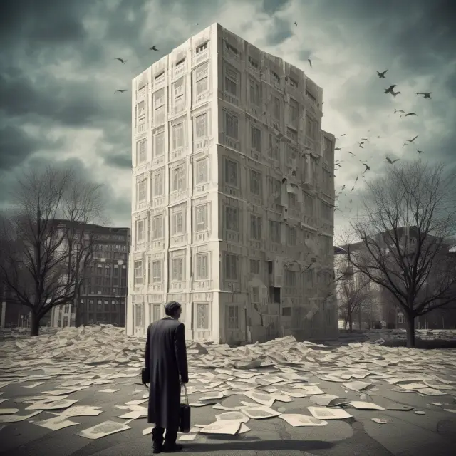 An image of a large, intricately built house of cards representing the subprime mortgage market collapsing and leading to Lehman Brothers bankruptcy