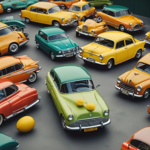 A bustling used-car marketplace with vehicles displayed on unequal platforms, symbolizing asymmetrical information impacting the market dynamics