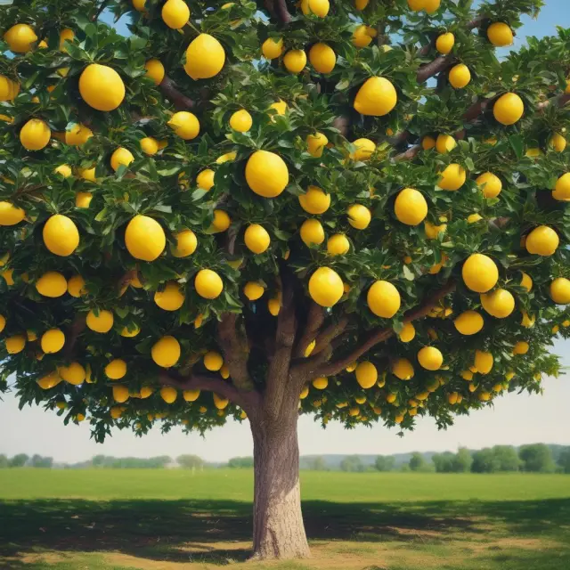 A luscious orchard with golden lemons on trees, signifying financial markets. Hidden beneath some fruits lies asymmetric information.