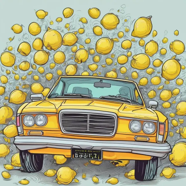 A used car floating on a vast ocean, revealing only its shiny exterior while hiding internal issues (lemons), symbolizing Akerlof