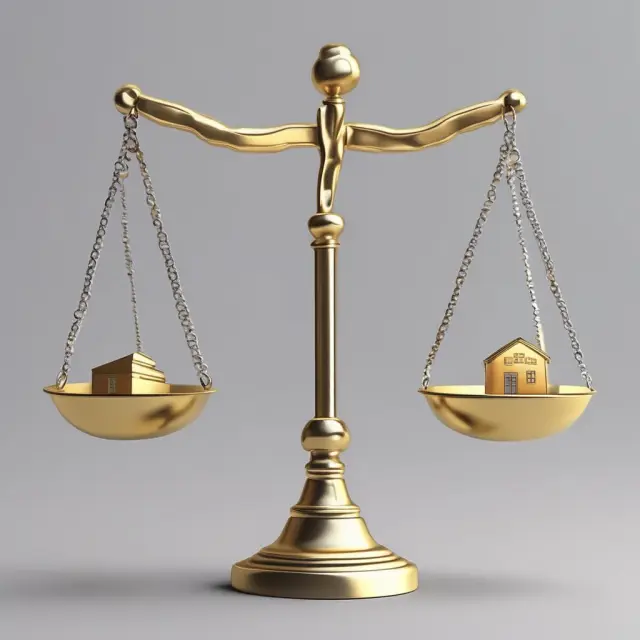 Golden scales with a mortgage as one pan and a silver personal guarantee on the other, representing secured and unsecured loans.