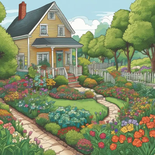 A lush garden with mortgage brokers, banks, and secondary market lenders as blooming flowers, borrowers tending to their gardens for the best rates and terms
