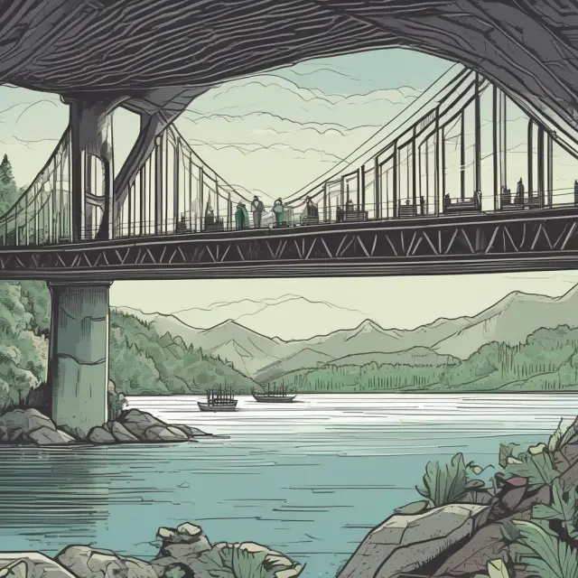 A borrower and investor connect via a bridge over a river filled with financial opportunities in a peer-to-peer lending setup