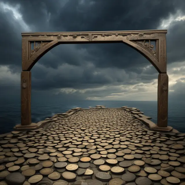 Image of ancient coins serving as a bridge during financial instability, representing lenders of last resort.