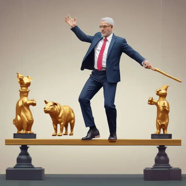 Investor skillfully juggles golden LEPOs representing bull and bear markets while standing on a balance beam