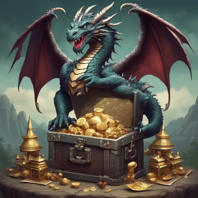 A dragon holding a treasure chest, its tails representing the wider, heavier tails of a leptokurtic distribution and symbolizing extreme financial events