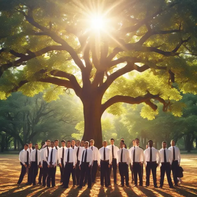 Golden sun rays shining on employees and company stock under the shade of a debt tree, signifying LESOP tax savings