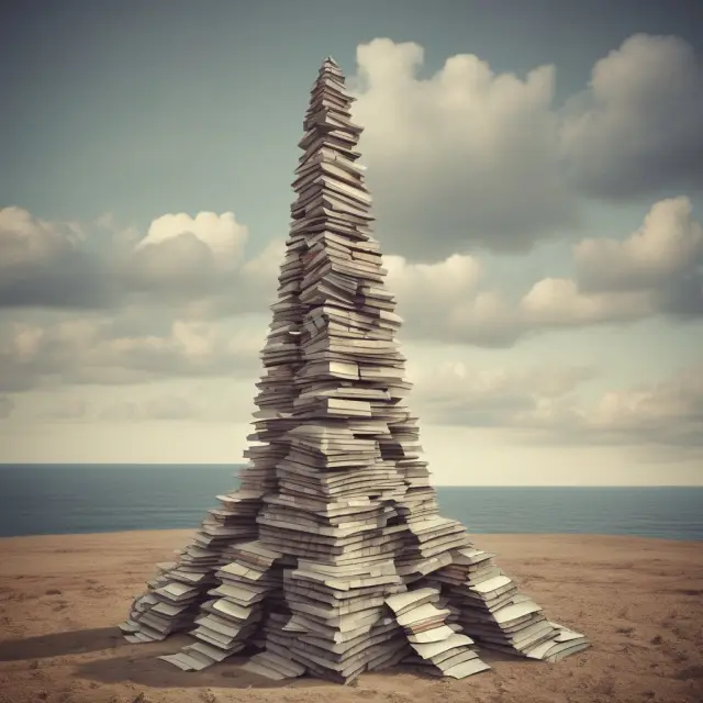 A towering company logo atop a debt pyramid representing the investment risks and potential debt ramifications of Leveraged Employee Stock Ownership Plans.