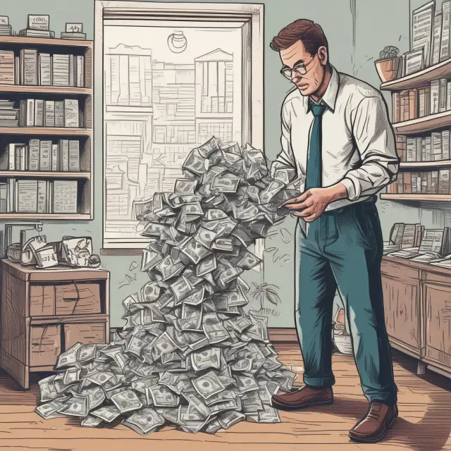 An employee carefully weighs diverse stocks as an overflowing vase symbolizes potential concentration risks in Leveraged Employee Stock Ownership Plans.