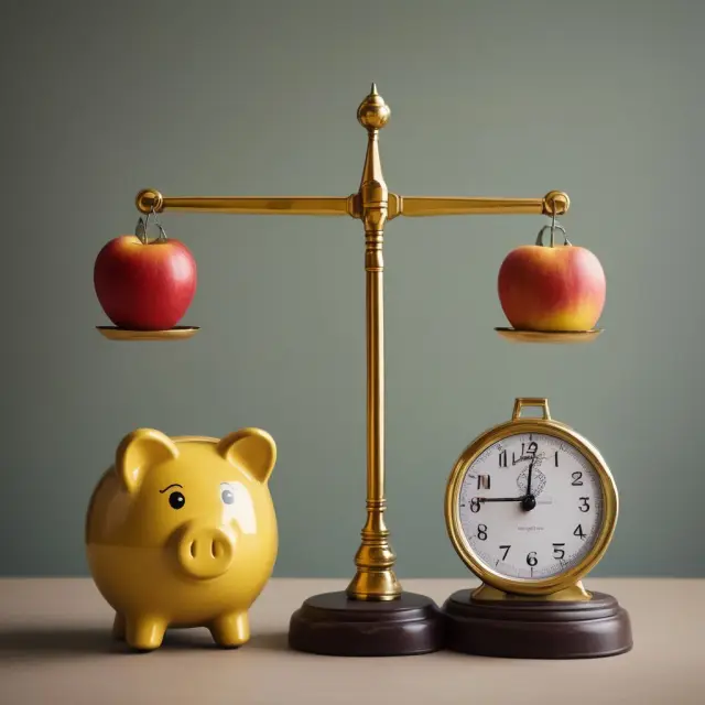 Image of two scales: one weighed down by a piggy bank symbolizing Sunbeam