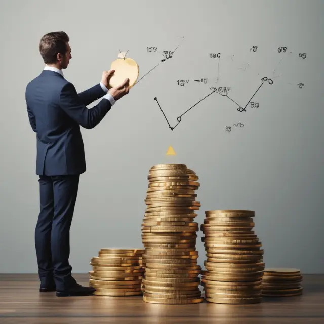 Employee with golden share on edge of escalating balance sheet, representing a LESOP
