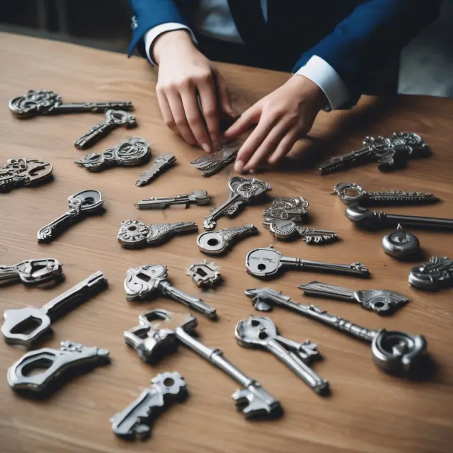 A lessor handing over keys to various assets: real estate, cars, trademarks, and equipment