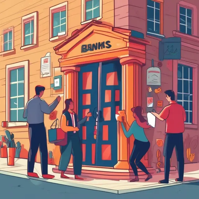 A bustling marketplace scene with banks exchanging letters of guarantee, symbolizing risk mitigation and security for buyers and sellers.