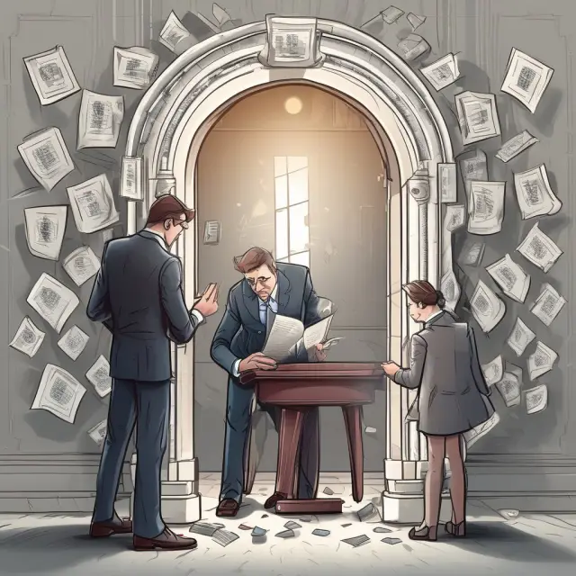 Banker handing over letters of guarantee to partners, symbolizing security and risk management.
