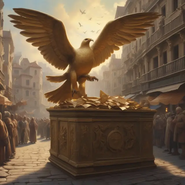 Golden dove distributing letters of guarantee, enhancing trust in a bustling market.