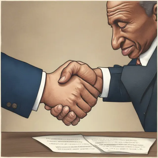 Two parties shaking hands over an open letter of comfort, symbolizing trust, moral obligations, confidentiality, non-competition and compensation in a business deal