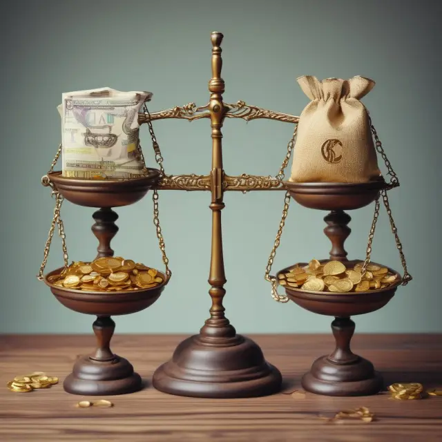 Gold coins versus banknotes on a balance scale represent letter of credit expenses. Money bag with leaking coins denotes extra costs.