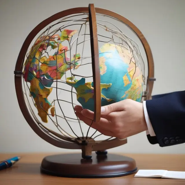 A balanced scale representing letters of credit in global trade, with buyers and sellers connected across the world