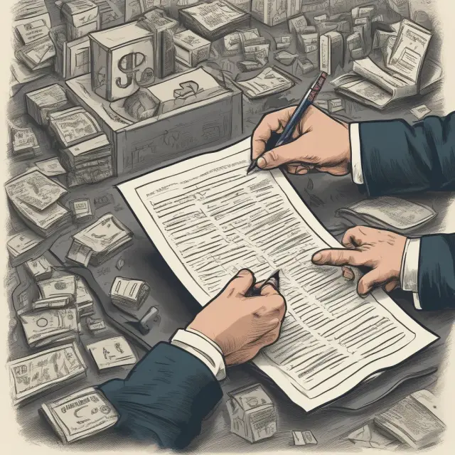 A banker carefully crafts a letter of credit, surrounded by interconnected business relationships, documents, and purchase orders
