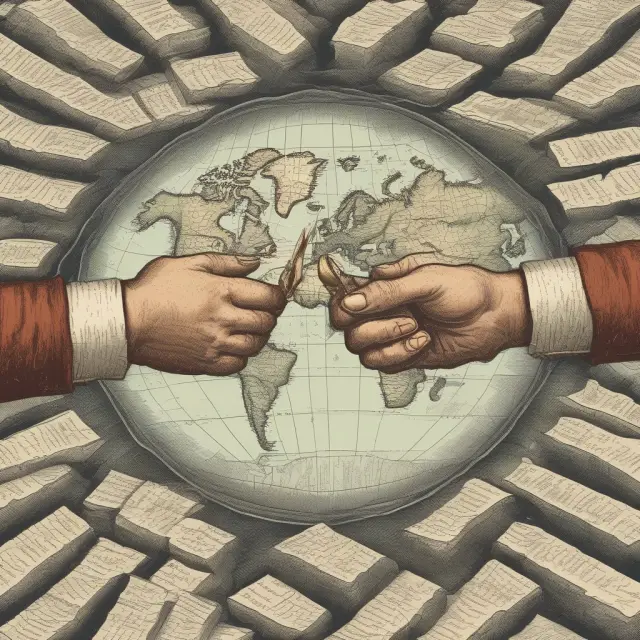 Three hands symbolically exchanging letters of credit, representing transactions between buyers and sellers from different countries