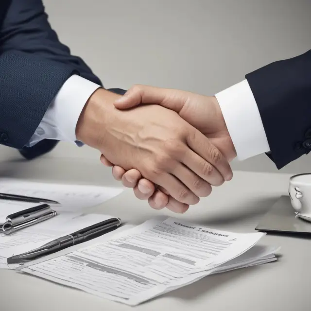Two hands shaking on a table, symbolizing agreement, with adaptable contract terms stacked nearby