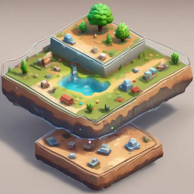 Transparent Level 1 assets on a base, Level 2 with indirect inputs surrounding it, and hidden Level 3 assets beneath