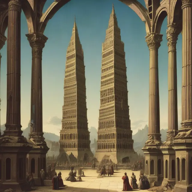 Two majestic towers symbolizing level III quotes (depth) and level II quotes (control), highlighting the importance of comprehensive data and trading capabilities in the financial world