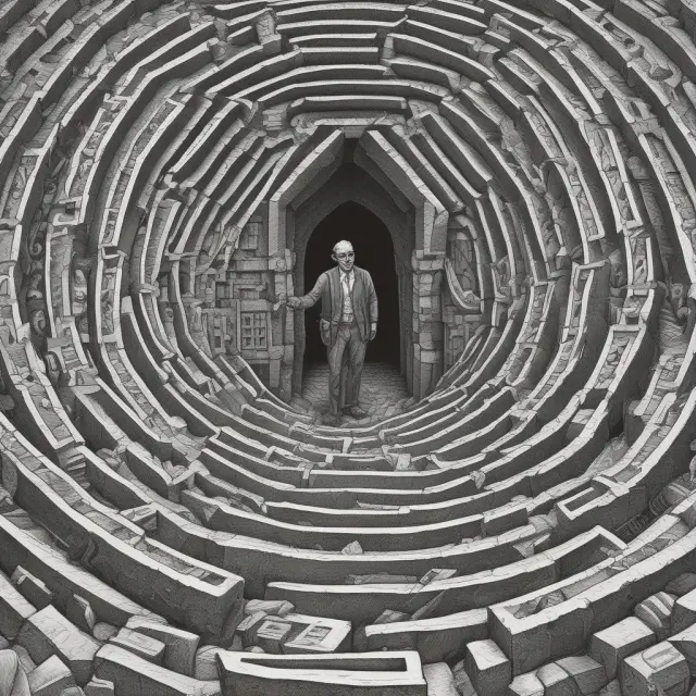 An investor bravely traversing a maze filled with mortgage-backed securities, private equity shares, complex derivatives, foreign stocks, and distressed debt.