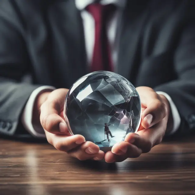 An investor holding a crystal ball filled with Level 3 assets and applying the margin of safety principle to ensure accurate valuation
