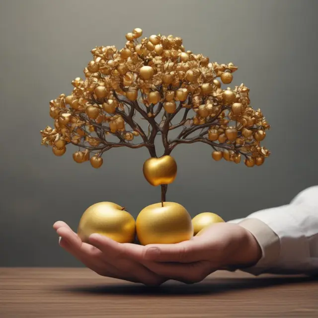 Image of a hand offering an apple from a stable golden tree, emphasizing consistent premiums in level-premium insurance