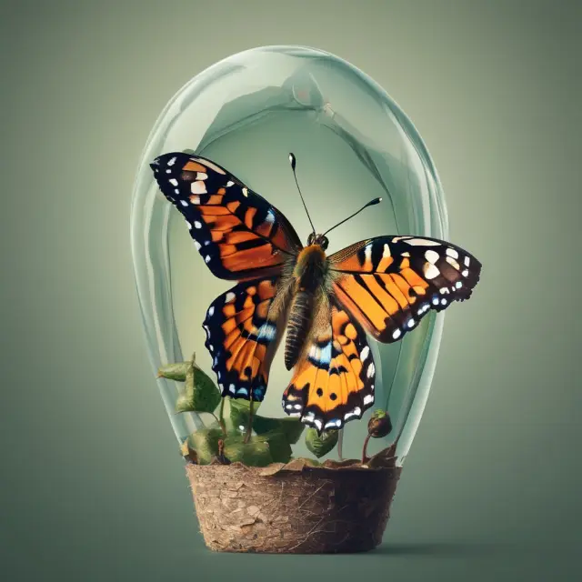 Butterfly emerging from chrysalis, symbolizing steady insurance premiums evolving into extensive coverage